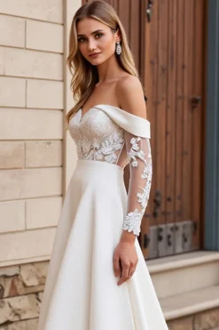 Vestido de Noiva Renda Marfim Longo Fora do Ombro Linha-A Cetim