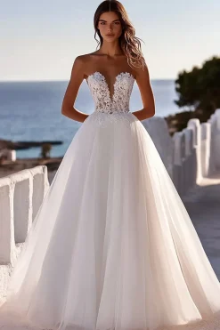 Vestido de Noiva Renda Marfim Linha-A Tule Longo Sem Alças