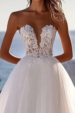 Vestido de Noiva Renda Marfim Linha-A Tule Longo Sem Alças