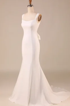 Vestido de noiva sereia de marfim simples com bowknot de volta