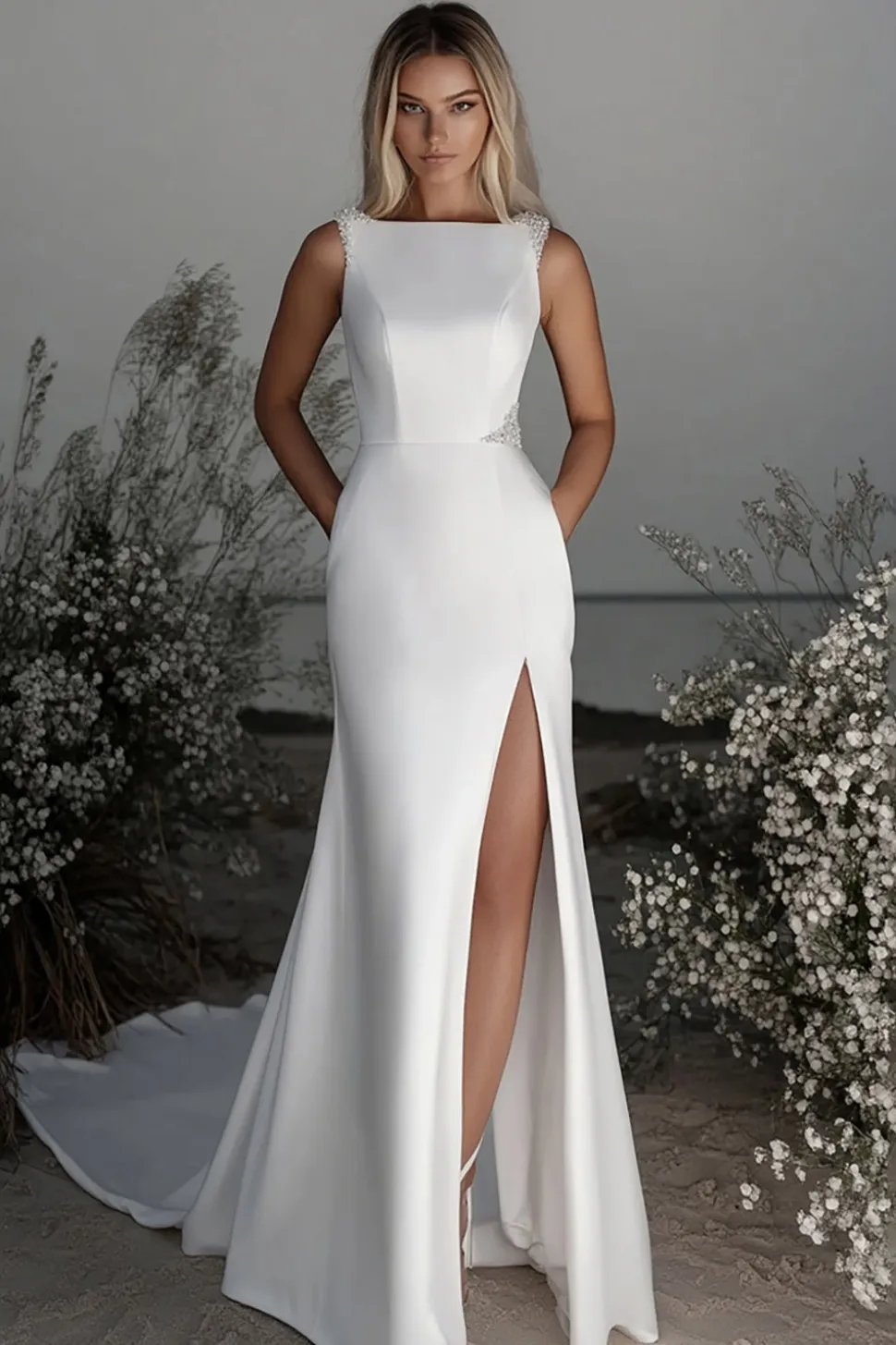 Vestido de noiva simples de pescoço de barco de marfim fenda bainha de cetim com sash
