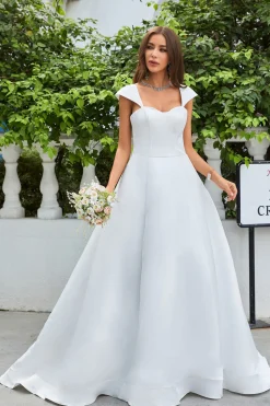 Vestido de noiva simples de cetim de marfim A-Line