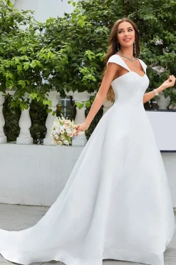 Vestido de noiva simples de cetim de marfim A-Line