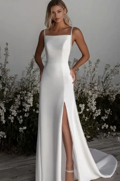 Vestido de noiva simples da bainha de cetim de marfim com fenda