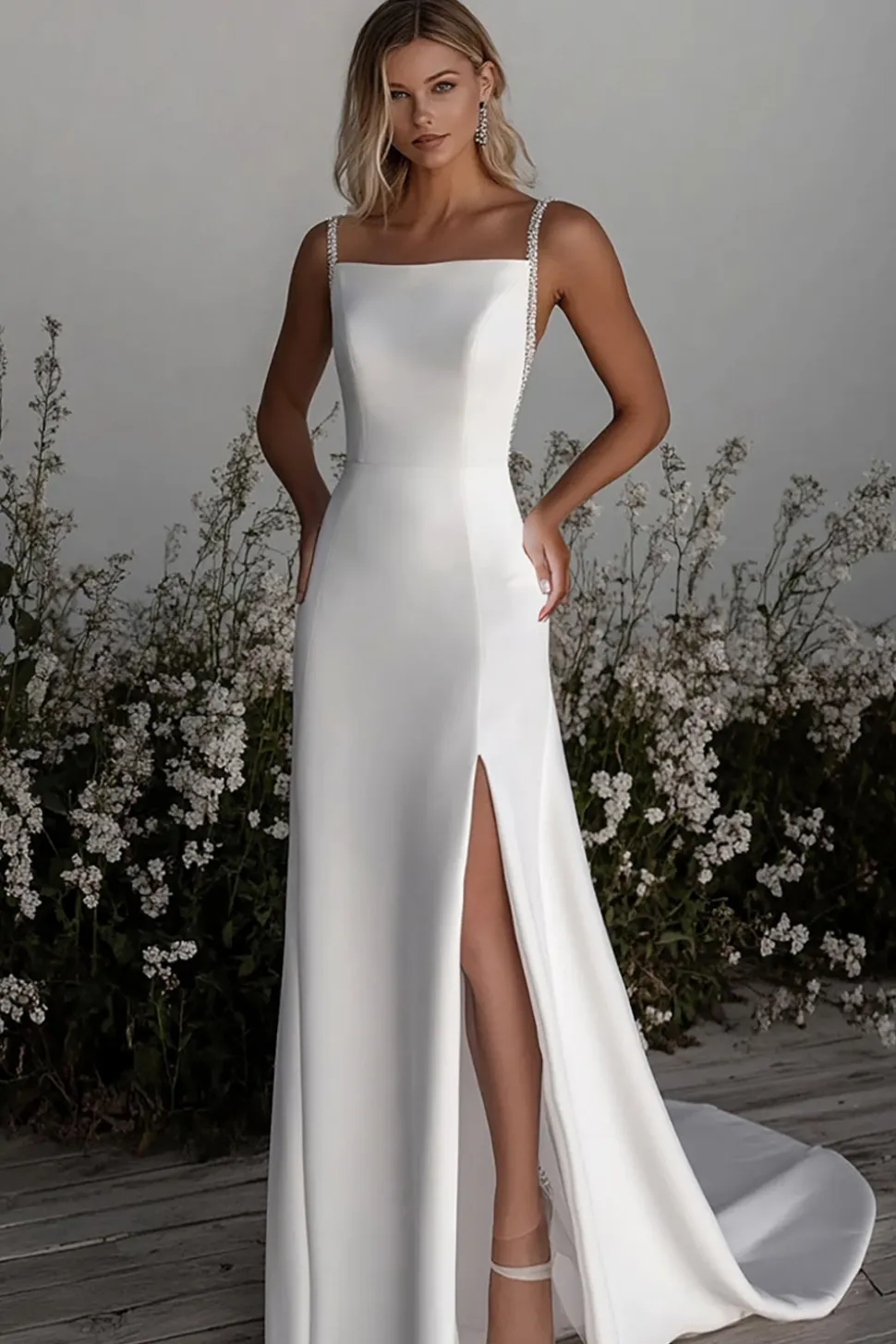 Vestido de noiva simples da bainha de cetim de marfim com fenda