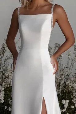 Vestido de noiva simples da bainha de cetim de marfim com fenda