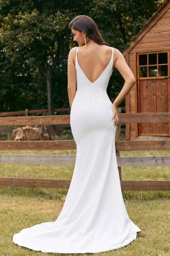 Vestido de noiva simples do botão de marfim da sereia com fenda