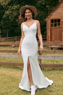 Vestido de noiva simples do botão de marfim da sereia com fenda