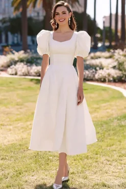 Vestido de noivado branco A Line Satin Midi com mangas puff