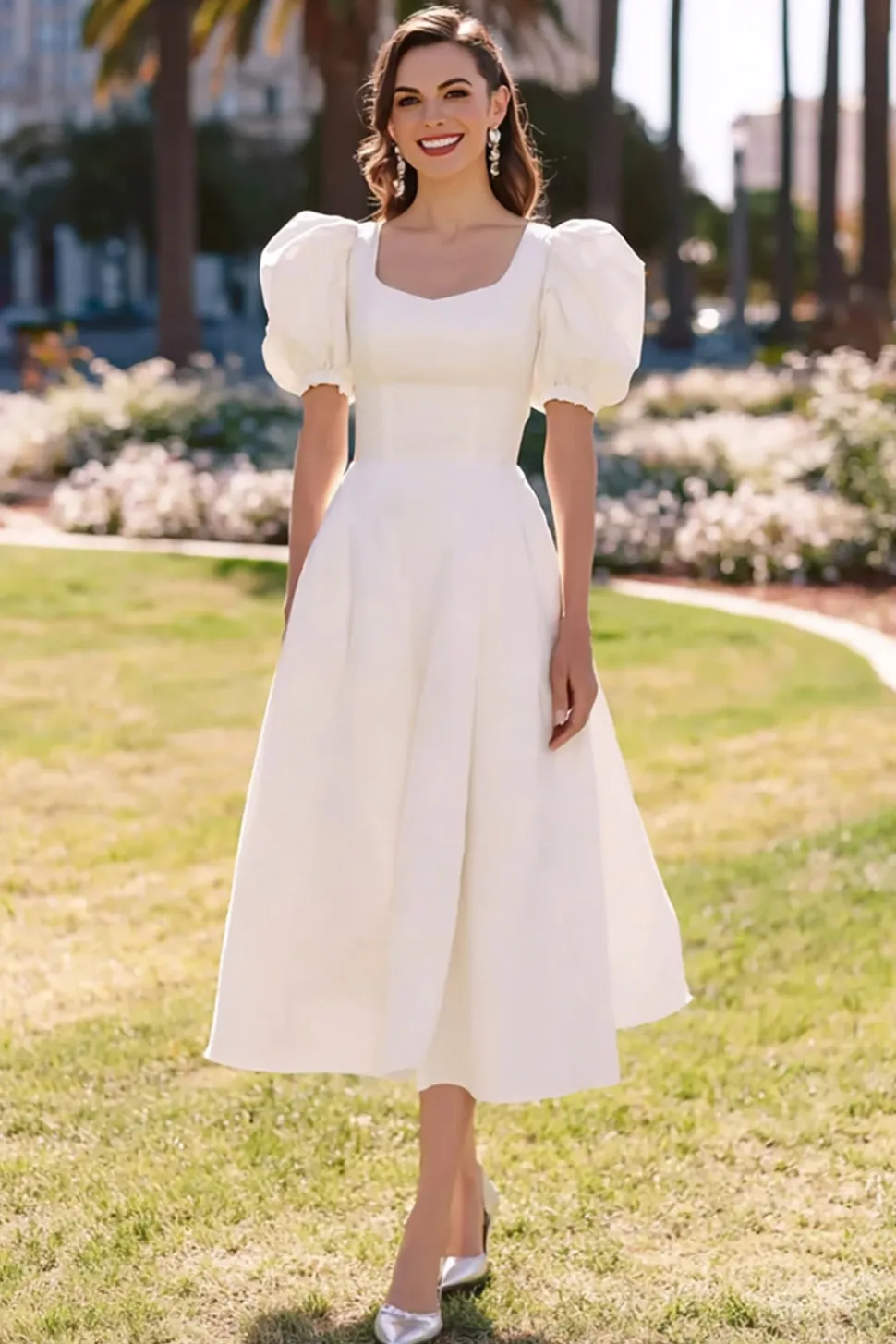 Vestido de noivado branco A Line Satin Midi com mangas puff