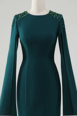 Vestido de pescoço redondo de sereia verde escuro com mangas de cabo frisadas