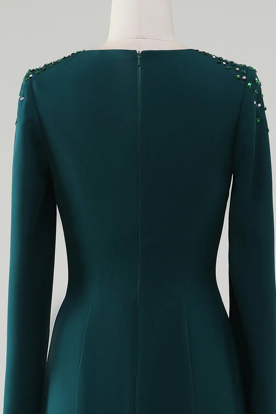 Vestido de pescoço redondo de sereia verde escuro com mangas de cabo frisadas