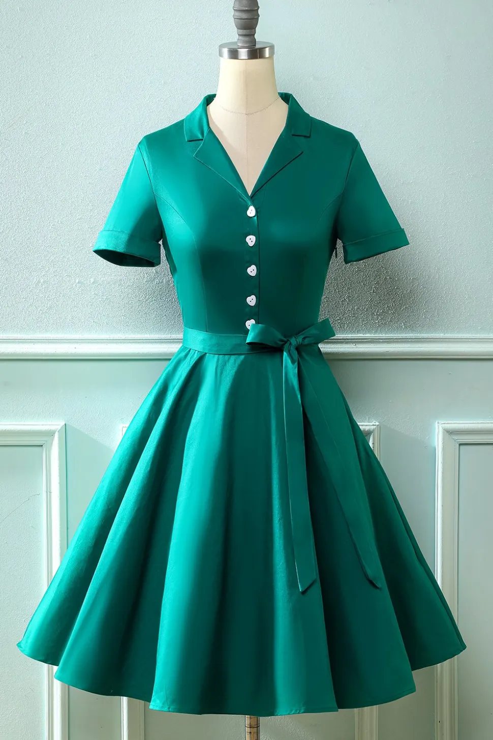 Vestido de pescoço verde V do exército dos anos 50 com Bowknot