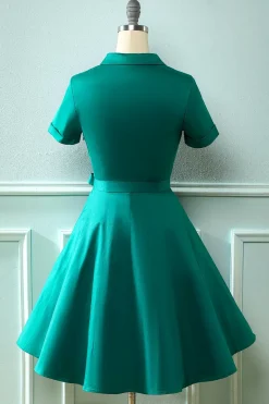 Vestido de pescoço verde V do exército dos anos 50 com Bowknot