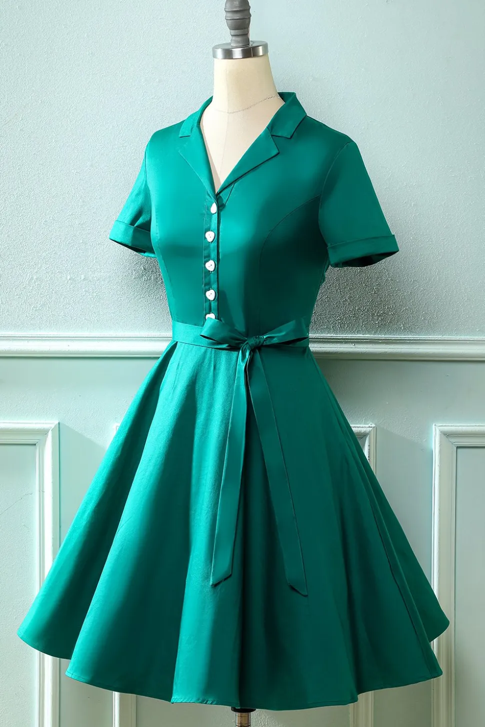 Vestido de pescoço verde V do exército dos anos 50 com Bowknot