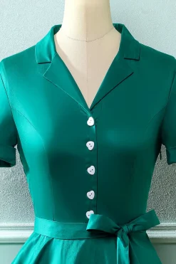 Vestido de pescoço verde V do exército dos anos 50 com Bowknot