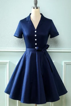 Vestido de pescoço verde V do exército dos anos 50 com Bowknot