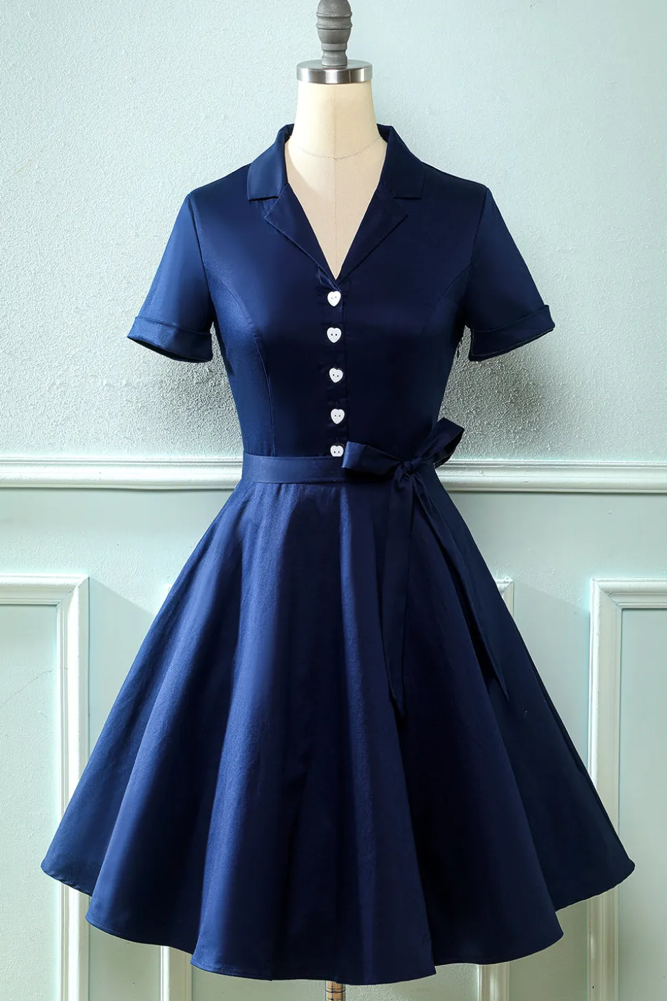 Vestido de pescoço verde V do exército dos anos 50 com Bowknot