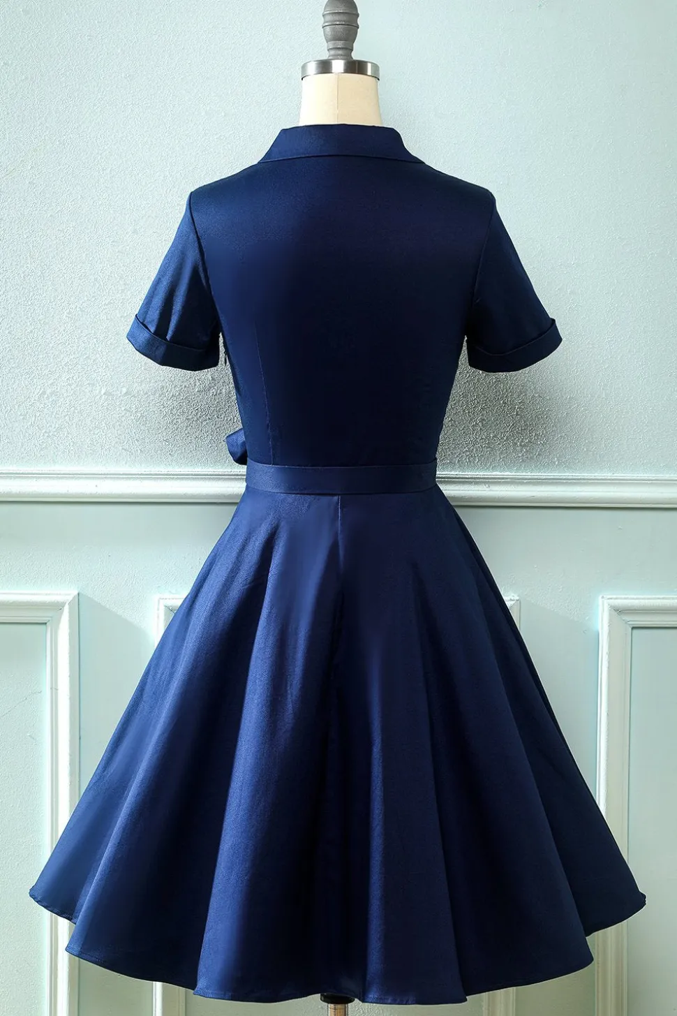 Vestido de pescoço verde V do exército dos anos 50 com Bowknot