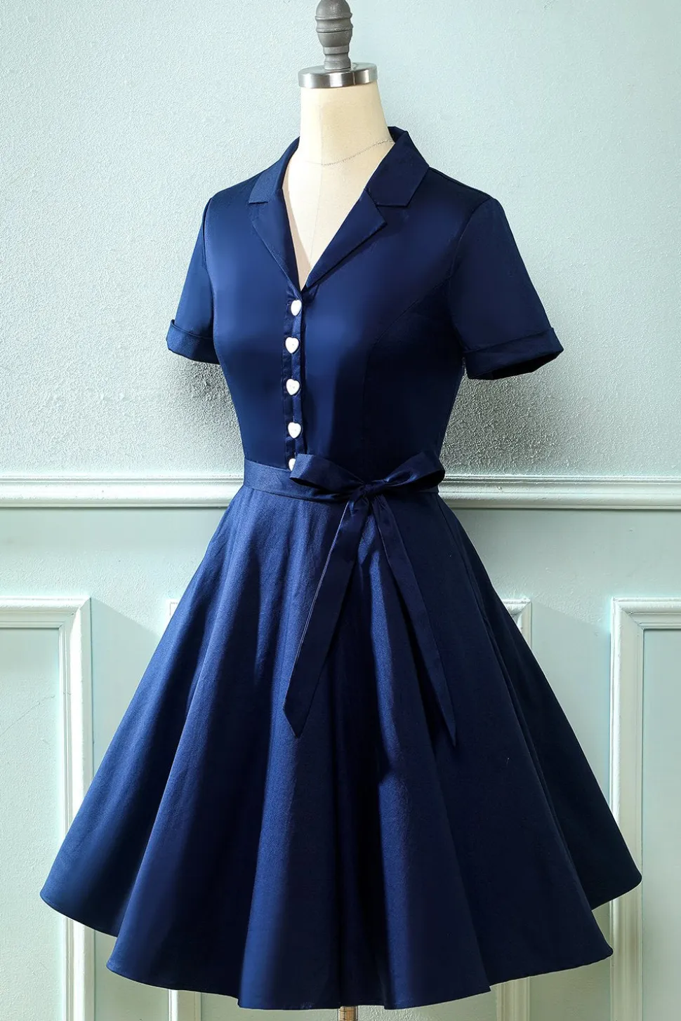 Vestido de pescoço verde V do exército dos anos 50 com Bowknot