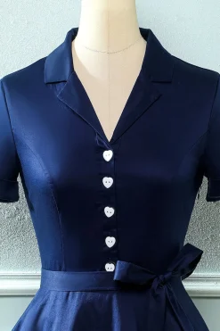 Vestido de pescoço verde V do exército dos anos 50 com Bowknot