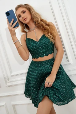 Vestido de regresso a casa de dois pedaços de verde escuro halter sequins