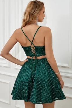Vestido de regresso a casa de dois pedaços de verde escuro halter sequins