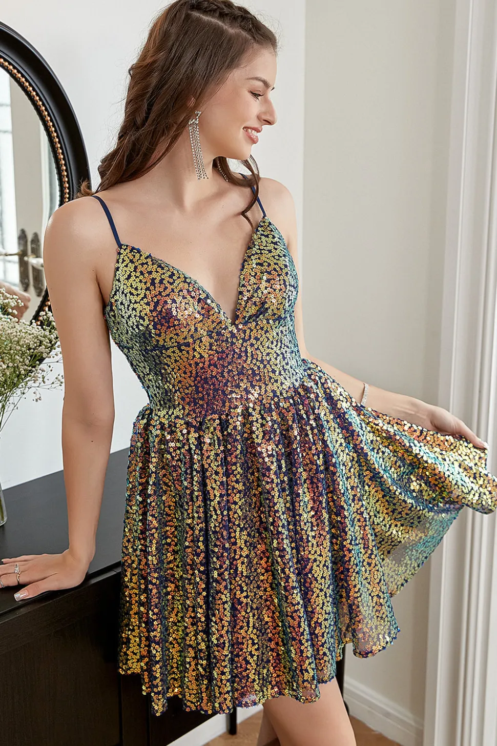 Vestido de regresso a casa de sequin A-line Lace-Up