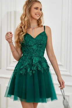 Vestido de regresso a casa de renda verde escuro