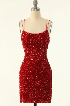 Vestido de regresso a casa de lantejoulas vermelhas apertado