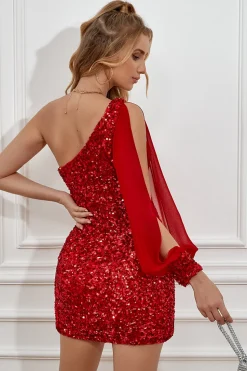 Vestido de regresso a casa de lantejoulas vermelhas apertadas com mangas
