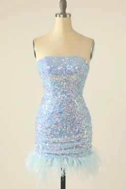 Vestido de regresso a casa de lantejoulas cor-de-rosa com penas