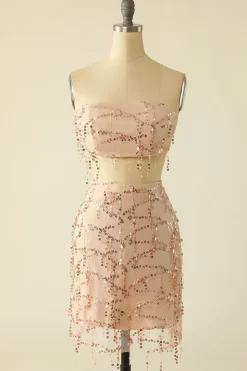 Vestido de regresso a casa de duas peças de lantejoulas sem alças