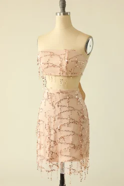 Vestido de regresso a casa de duas peças de lantejoulas sem alças