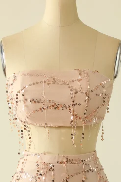 Vestido de regresso a casa de duas peças de lantejoulas sem alças