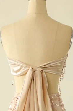 Vestido de regresso a casa de duas peças de lantejoulas sem alças