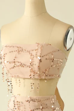 Vestido de regresso a casa de duas peças de lantejoulas sem alças