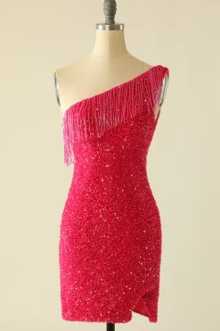 Vestido de regresso a casa de lantejoulas rosa quente de um ombro