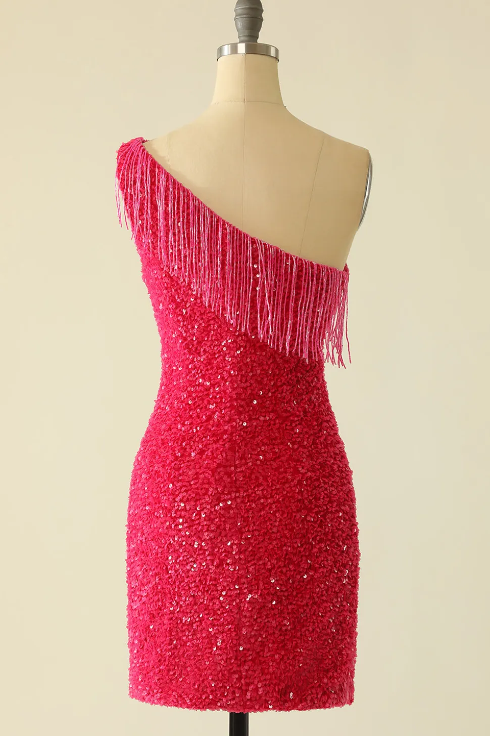 Vestido de regresso a casa de lantejoulas rosa quente de um ombro