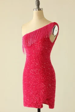 Vestido de regresso a casa de lantejoulas rosa quente de um ombro