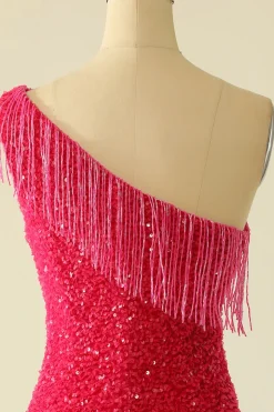 Vestido de regresso a casa de lantejoulas rosa quente de um ombro