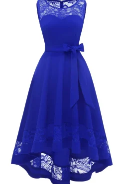 Vestido de renda azul alto e baixo com Bowknot