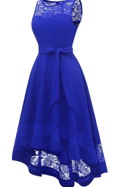 Vestido de renda azul alto e baixo com Bowknot
