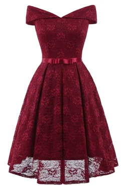 Vestido de renda com borgonha off the Shoulder com Bowknot