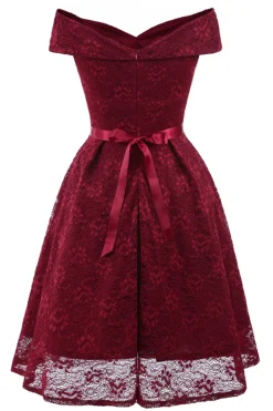 Vestido de renda com borgonha off the Shoulder com Bowknot