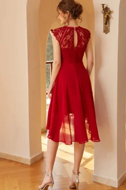 Vestido de renda de chiffon vermelho escuro