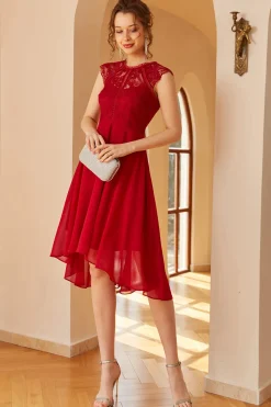 Vestido de renda de chiffon vermelho escuro