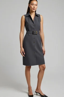 Vestido de trabalho cinza escuro Bodycon Midi com cinto