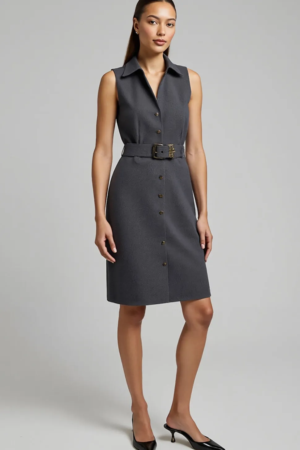 Vestido de trabalho cinza escuro Bodycon Midi com cinto