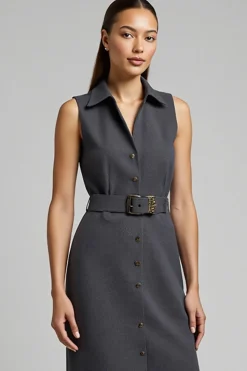 Vestido de trabalho cinza escuro Bodycon Midi com cinto